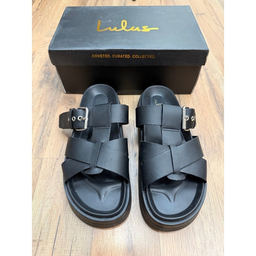 Lulus Black Platform Sandals Womens Size 7 Chunky Buckle Slides Leather Look - Picture 5 of 10